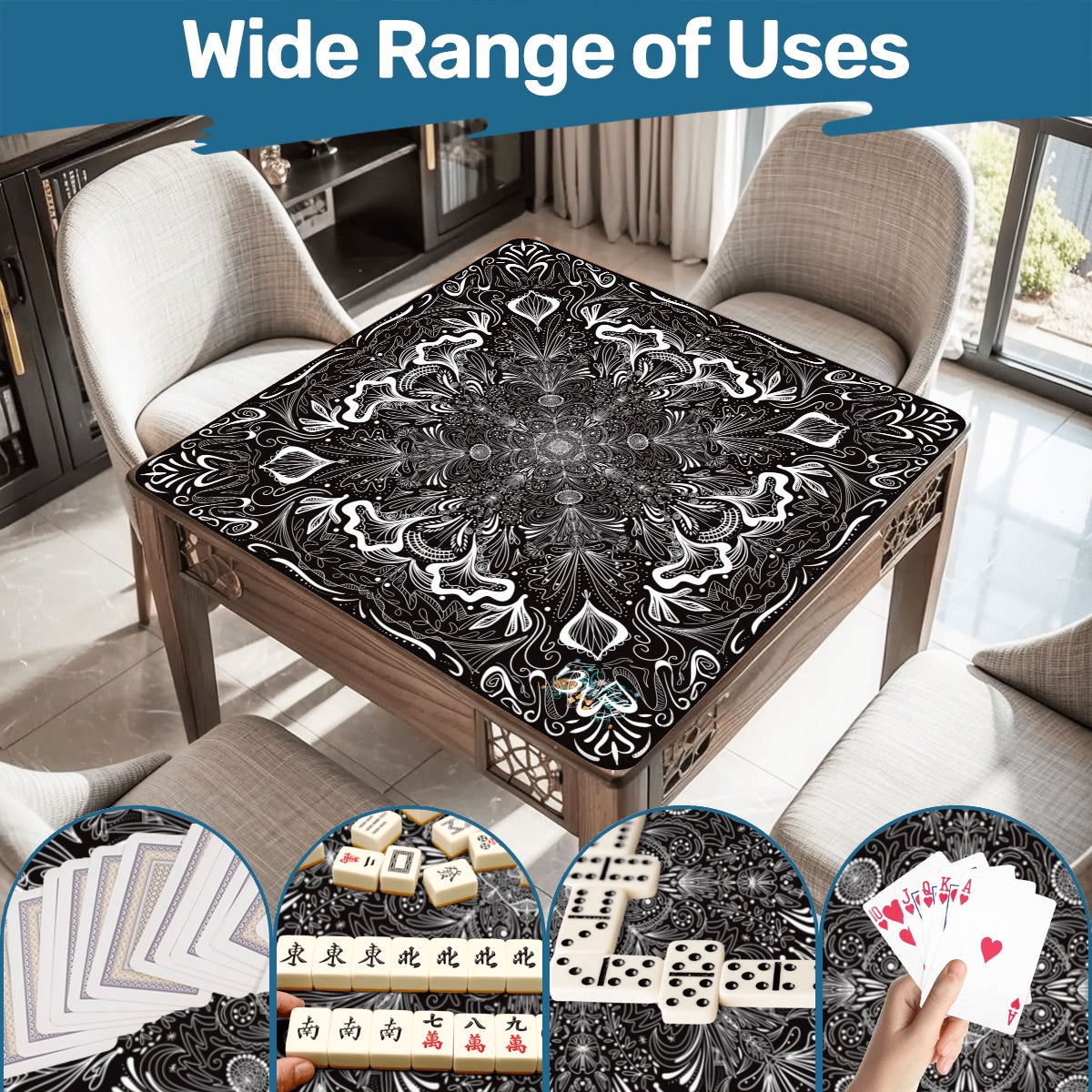 White on Black-Mahjong Mat 31.5"x31.5" (Ship Rolled up)