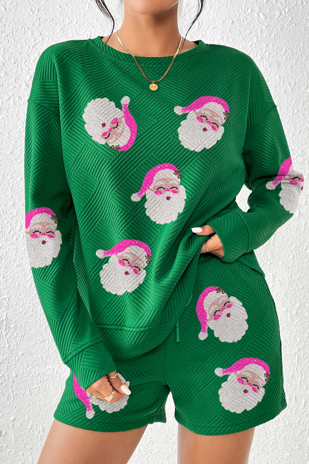 Green Santa Clause Pattern Textured Pullover and Shorts Casual Outfit