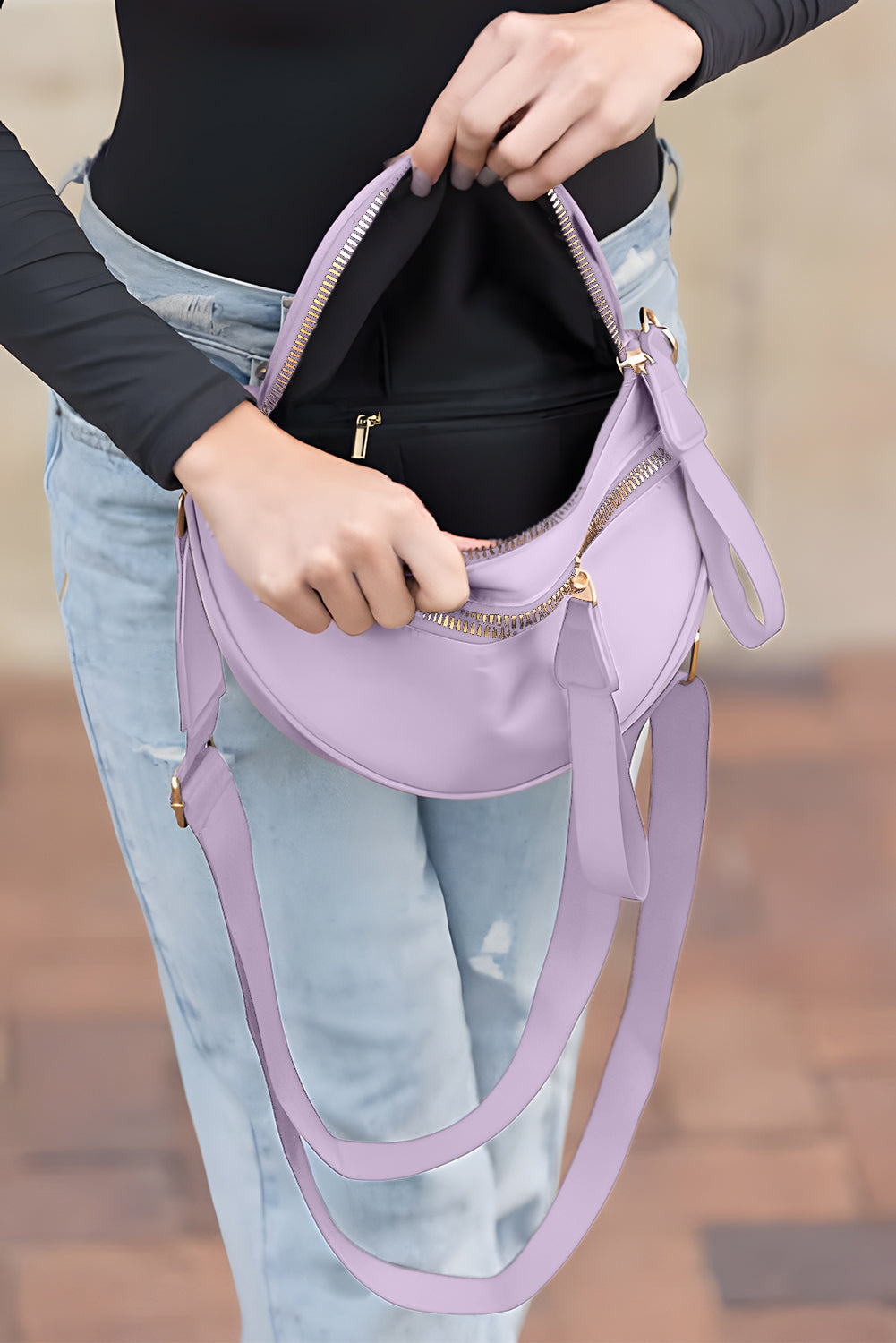 Light Blue Wide Strap Double Zipper Crossbody Bag