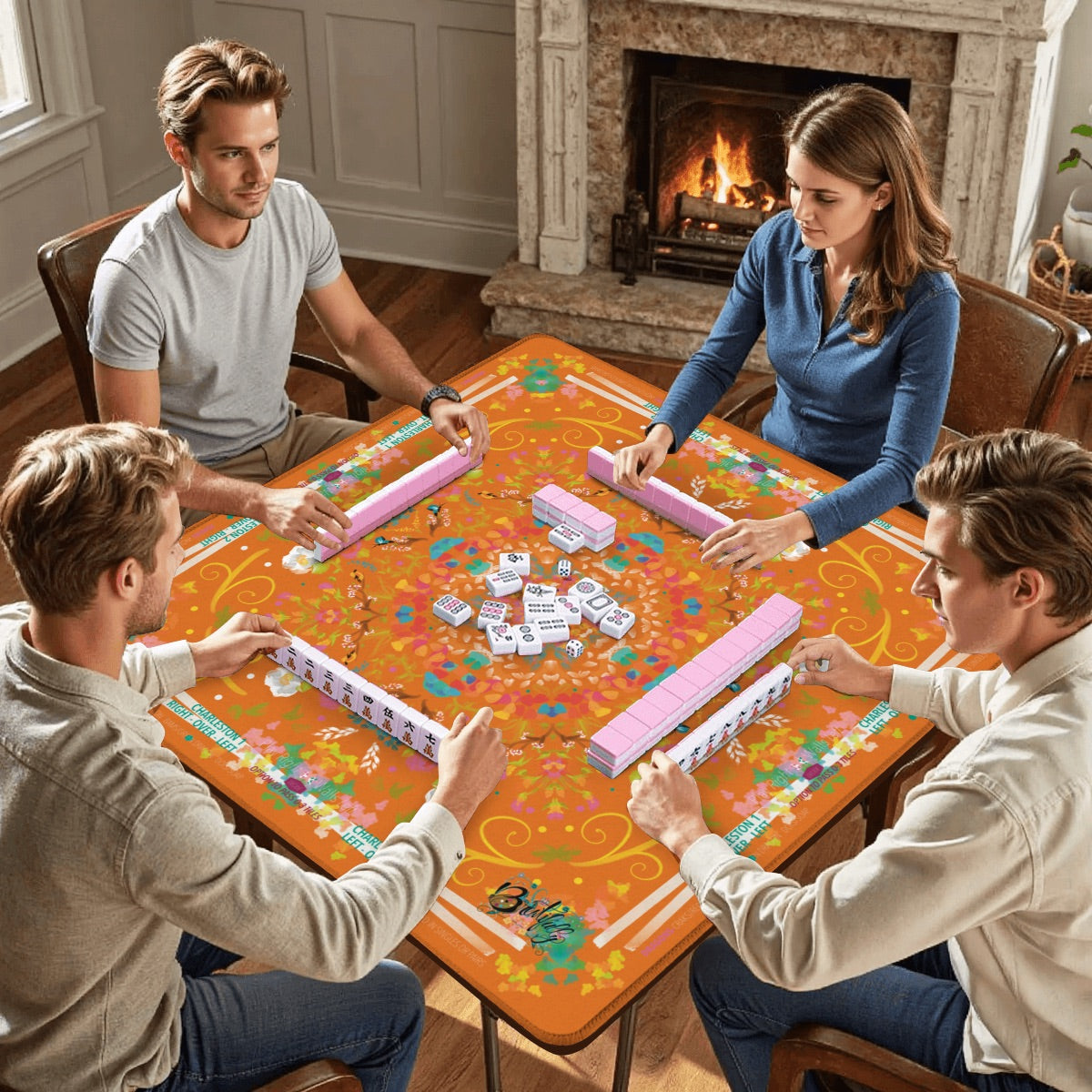 Mahjong Mat (Made in USA) Spring on Orange w instructions