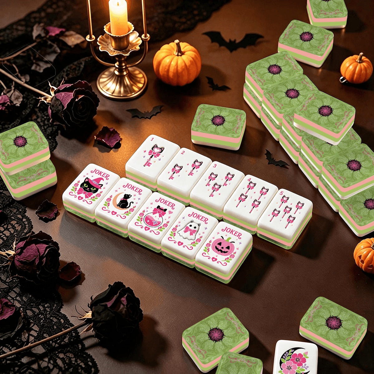 Witch's Familiar yarn knots and cats Halloween Mahjong Tiles