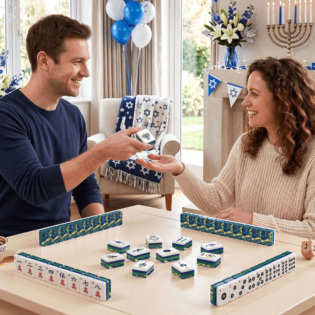 Heritage Hanukkah Mahjong Tiles Geode series  blue gold vein