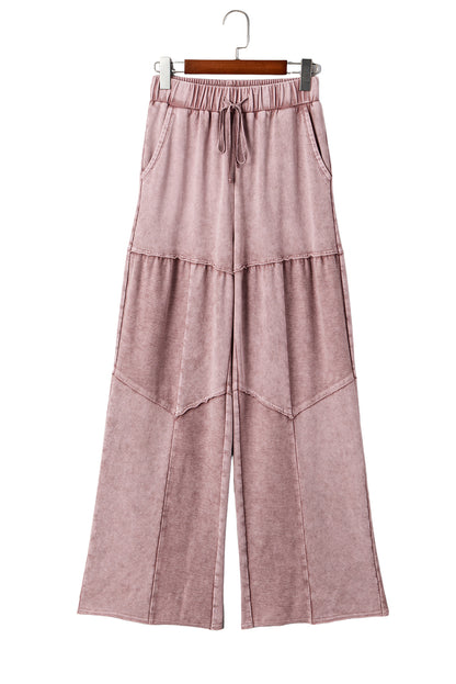 Vineyard Green Mineral Wash Tiered Wide Leg Patchwork Drawstring Pants