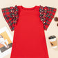 Racing Red Pearl Plaid Ruffle Sleeve Loose T Shirt