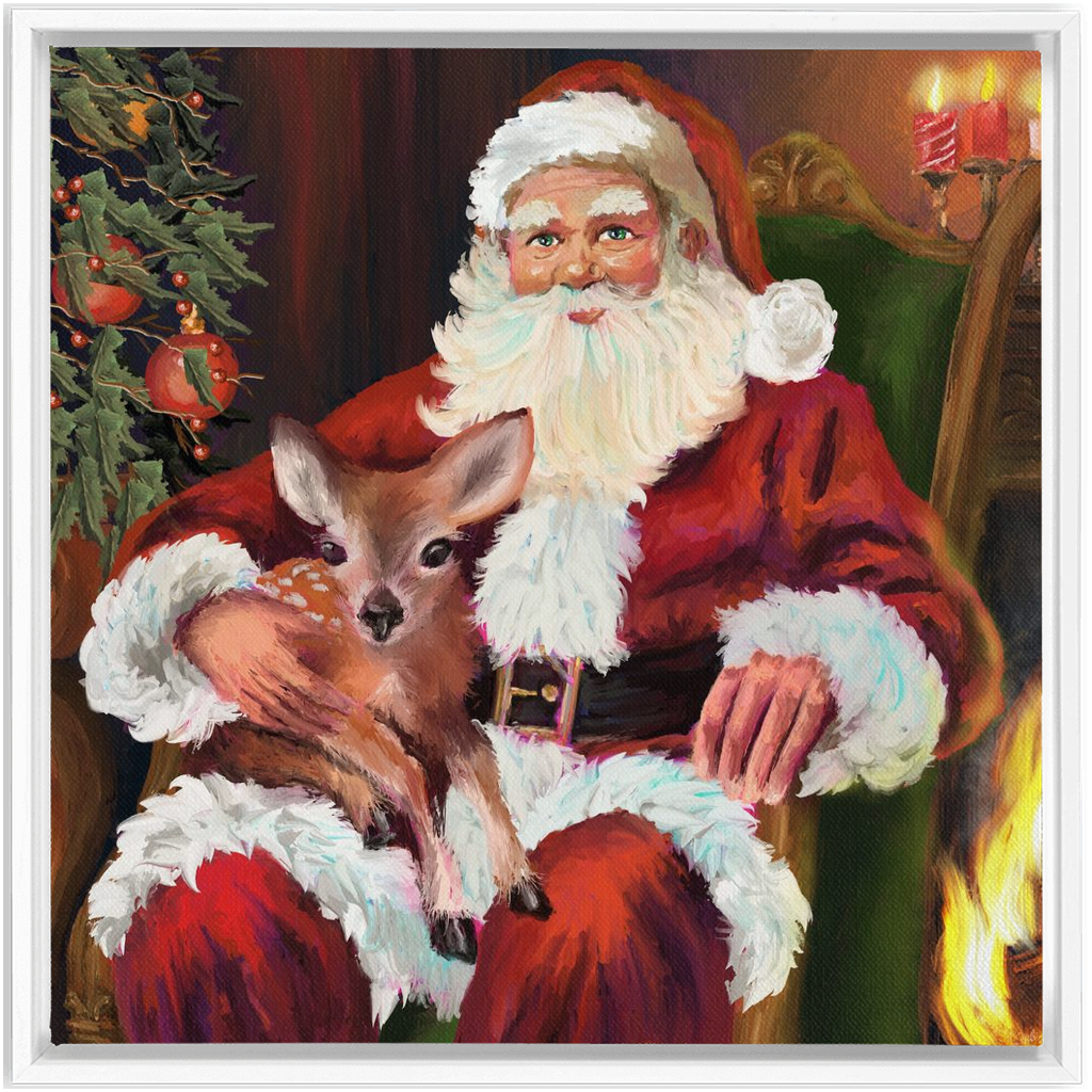 Magical Santa with baby deer Framed Canvas Wraps-powered by Artivive