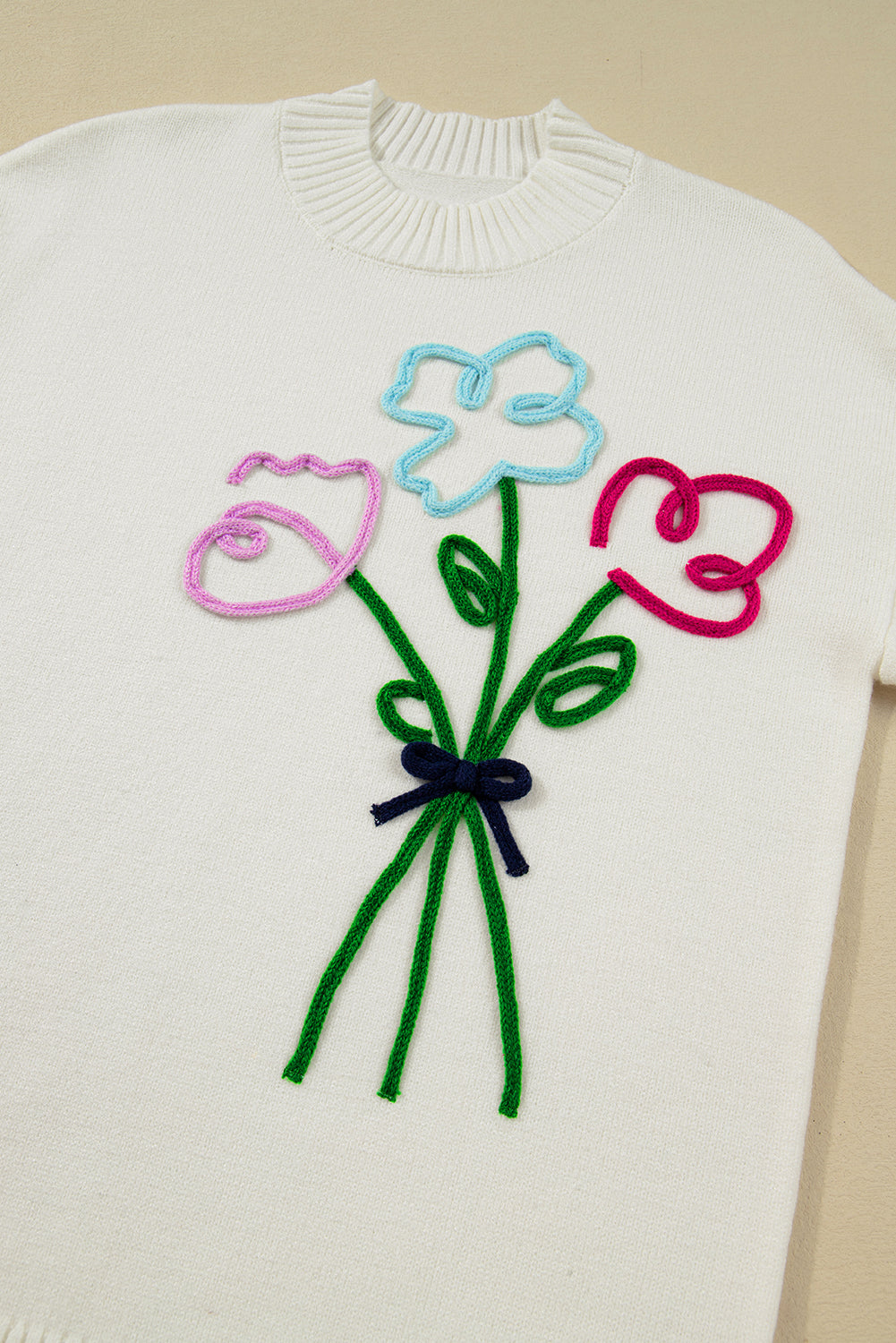 White Floral Embroidered Drop Sleeve Knit Sweater