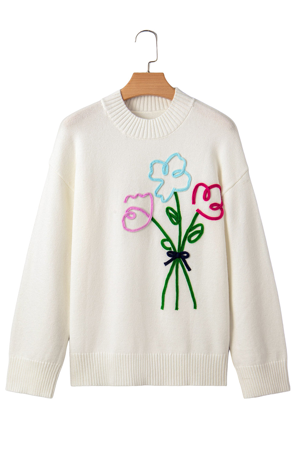 White Floral Embroidered Drop Sleeve Knit Sweater