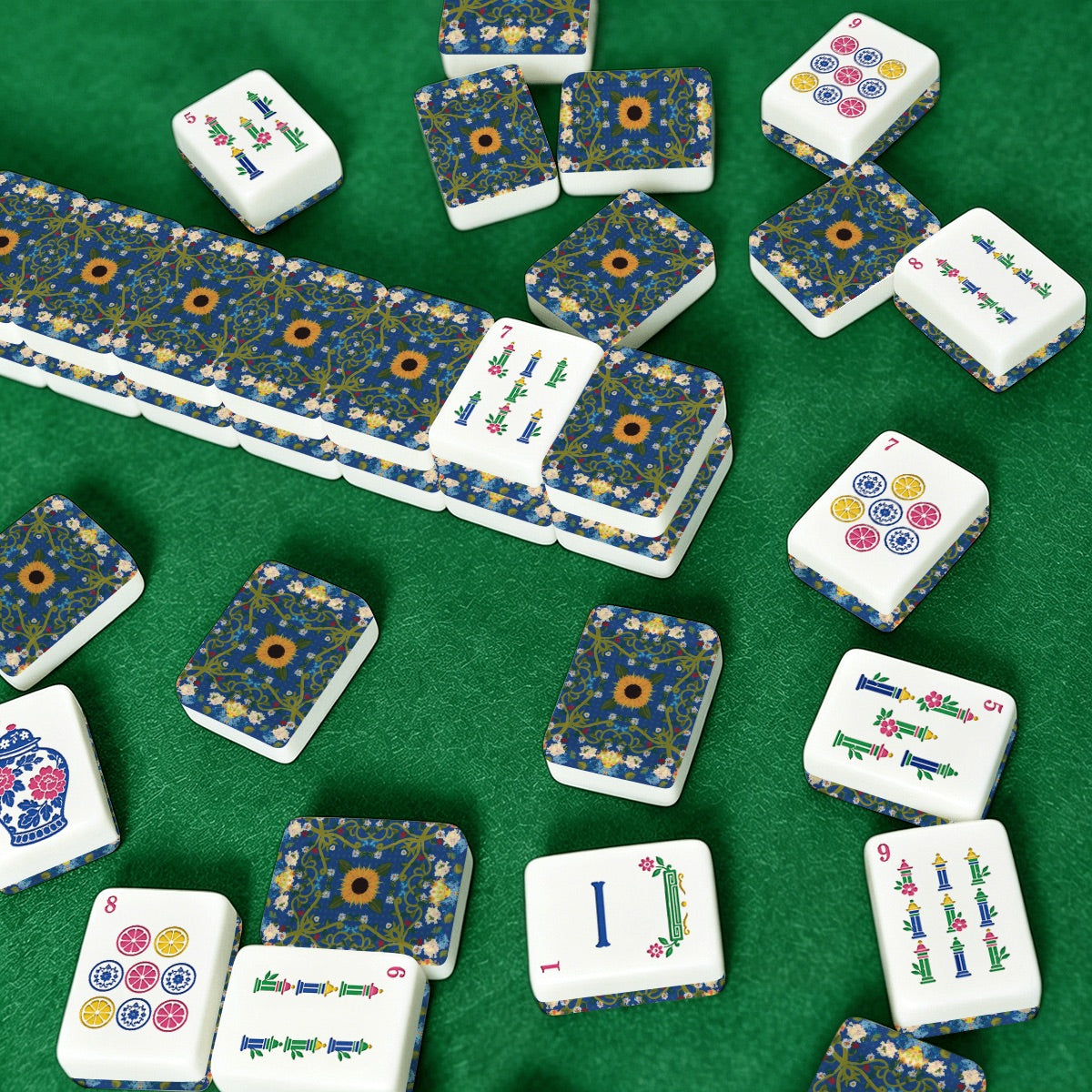 American Mahjong Tiles (Traditional Porcelain Style) Blue sunflower