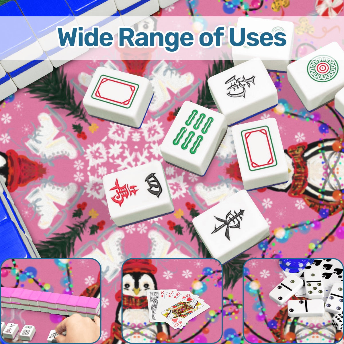 2026 Pink Penguin Winter Mahjong Mat 31.5"x31.5" (Ship Rolled up)