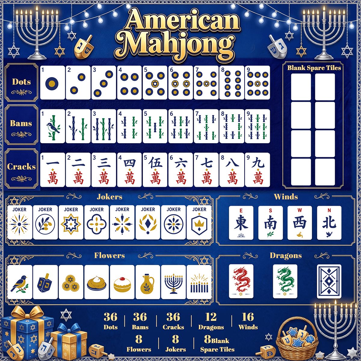 Heritage Hanukkah Mahjong Tiles Geode series  blue gold vein