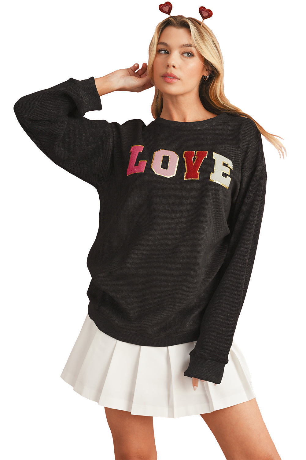 Black Glitter LOVE Letter Graphic Corded Baggy Sweatshirt