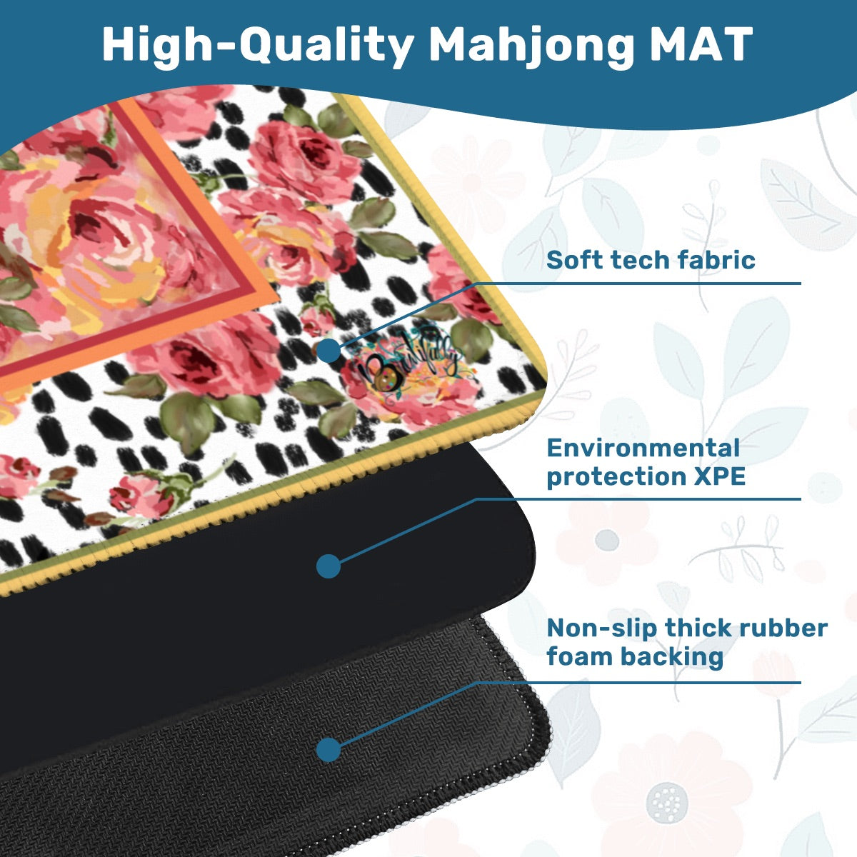 Mahjong Mat 31.5"x31.5" (Ship Rolled up)- painted Rose on black and white