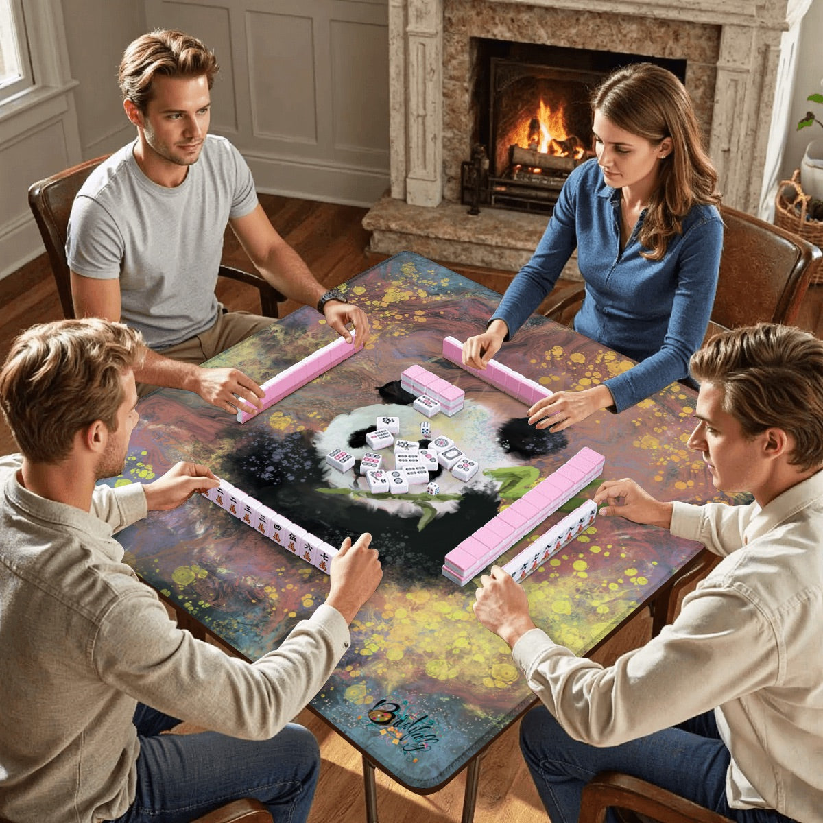 Mahjong Mat (Made in USA) Abstract Bamboo And Panda