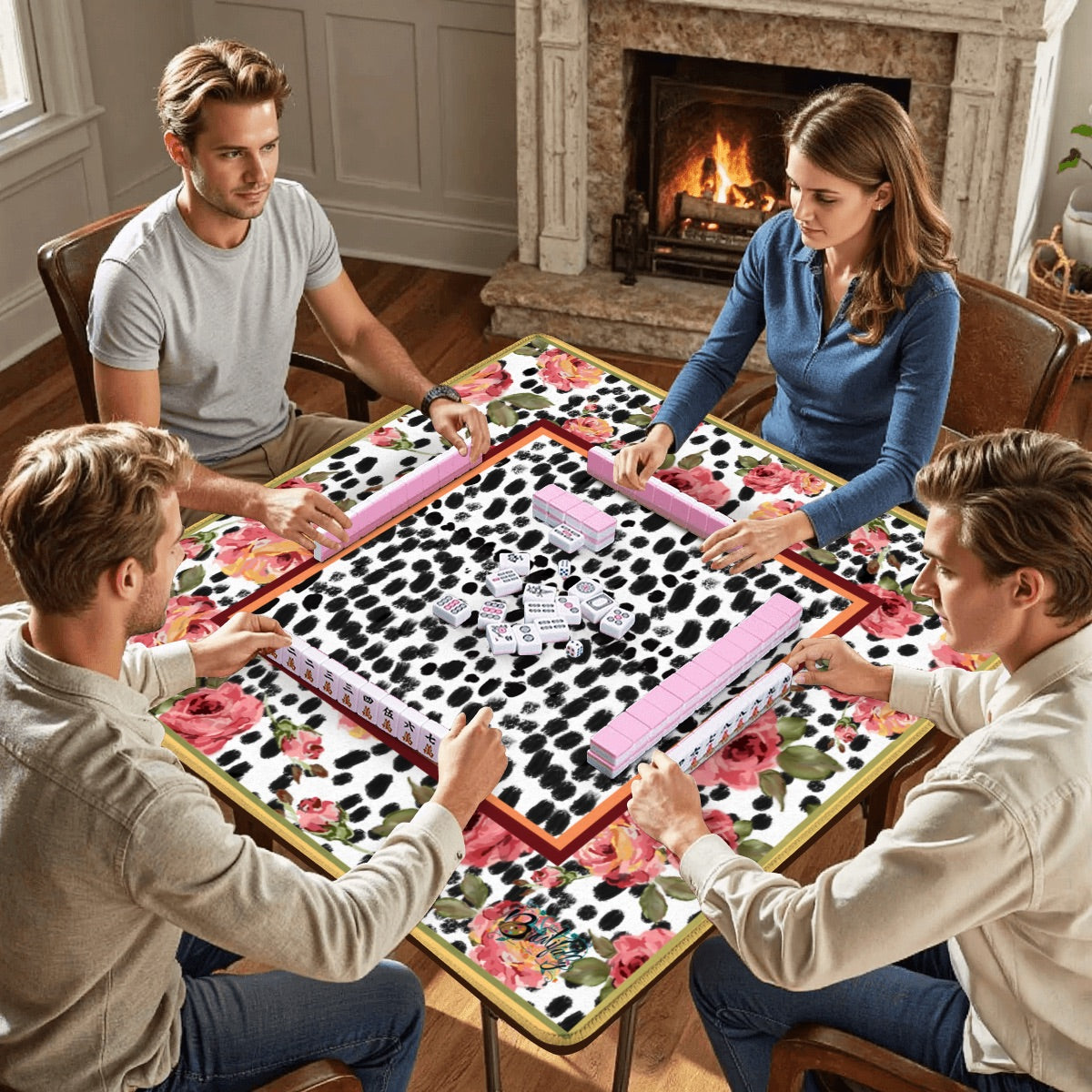 Hand painted roses and dots 2 Mahjong Mat 31.5"x31.5" (Ship Rolled up)