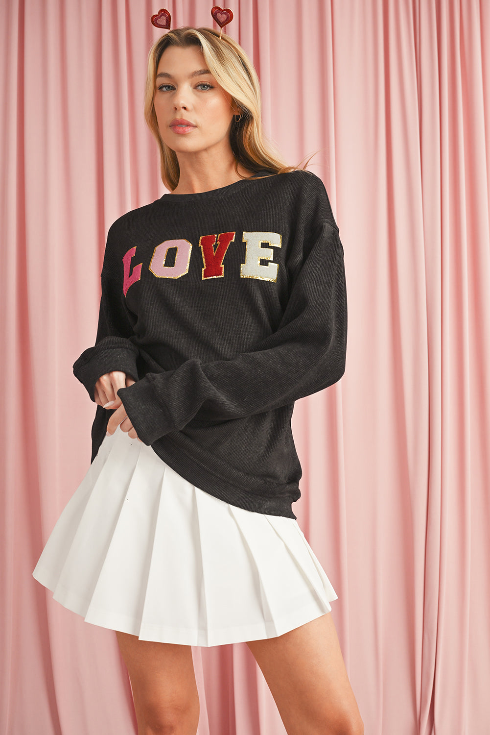 Black Glitter LOVE Letter Graphic Corded Baggy Sweatshirt