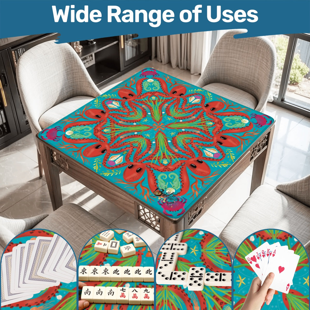 Octopus-Red on Real Mahjong Mat 31.5"x31.5" (Ship Rolled up)