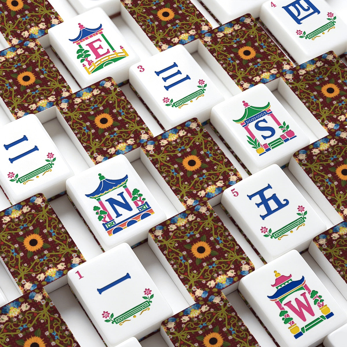 American Mahjong Tiles (Traditional Porcelain Style) Burgundy Sunflower