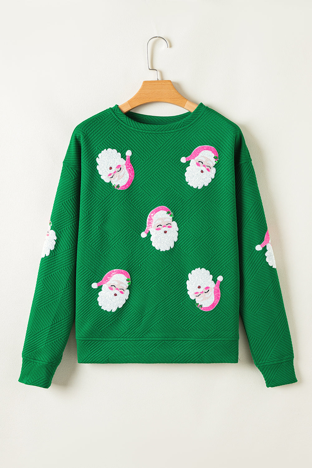 Green Santa Clause Pattern Textured Pullover and Shorts Casual Outfit