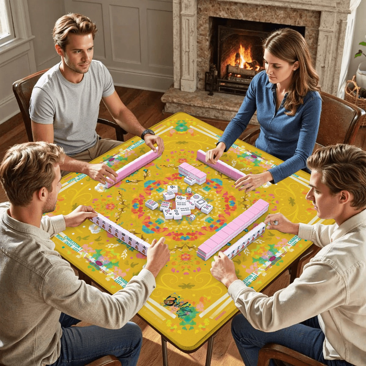 Mahjong Mat (Made in USA) Spring on Yellow w instructions