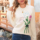 White Floral Embroidered Drop Sleeve Knit Sweater