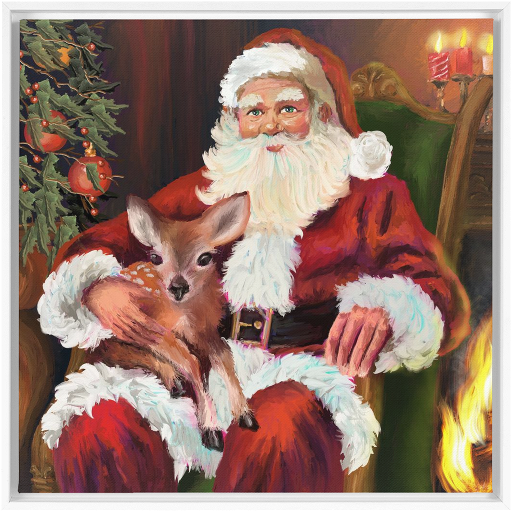 Magical Santa with baby deer Framed Canvas Wraps-powered by Artivive