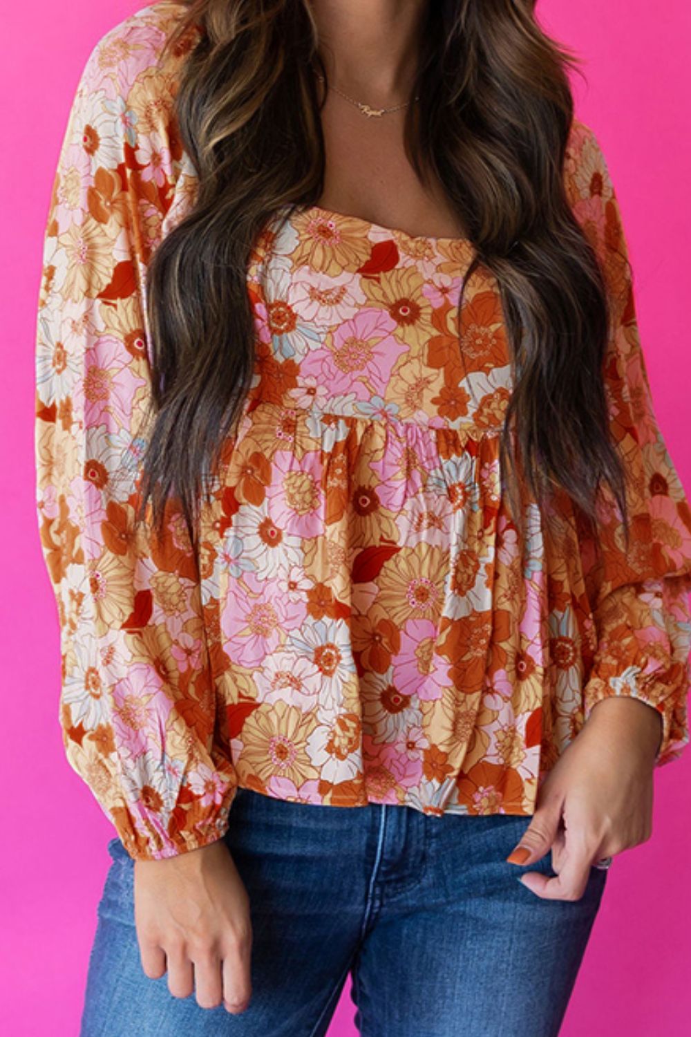 Smocked Printed Square Neck Balloon Sleeve Blouse