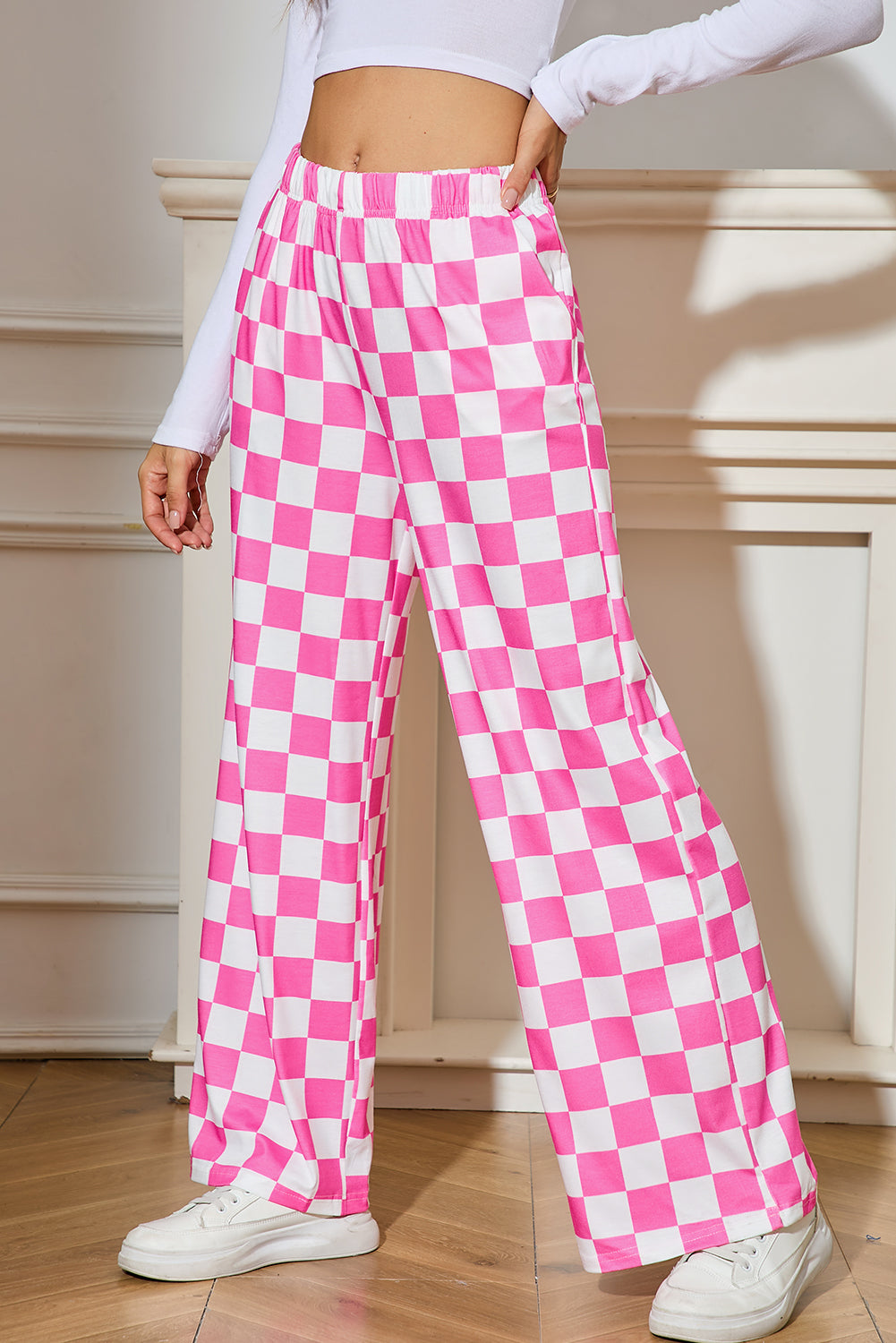 Bonbon Checkered Print High Waist Wide Leg Pants