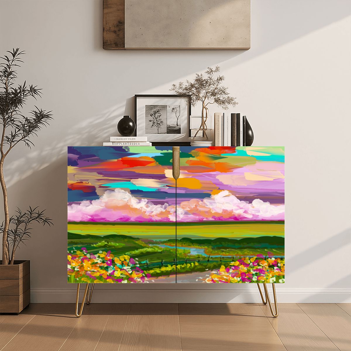 Wooden Storage Cabinet (Made in USA) Abstract Landscape