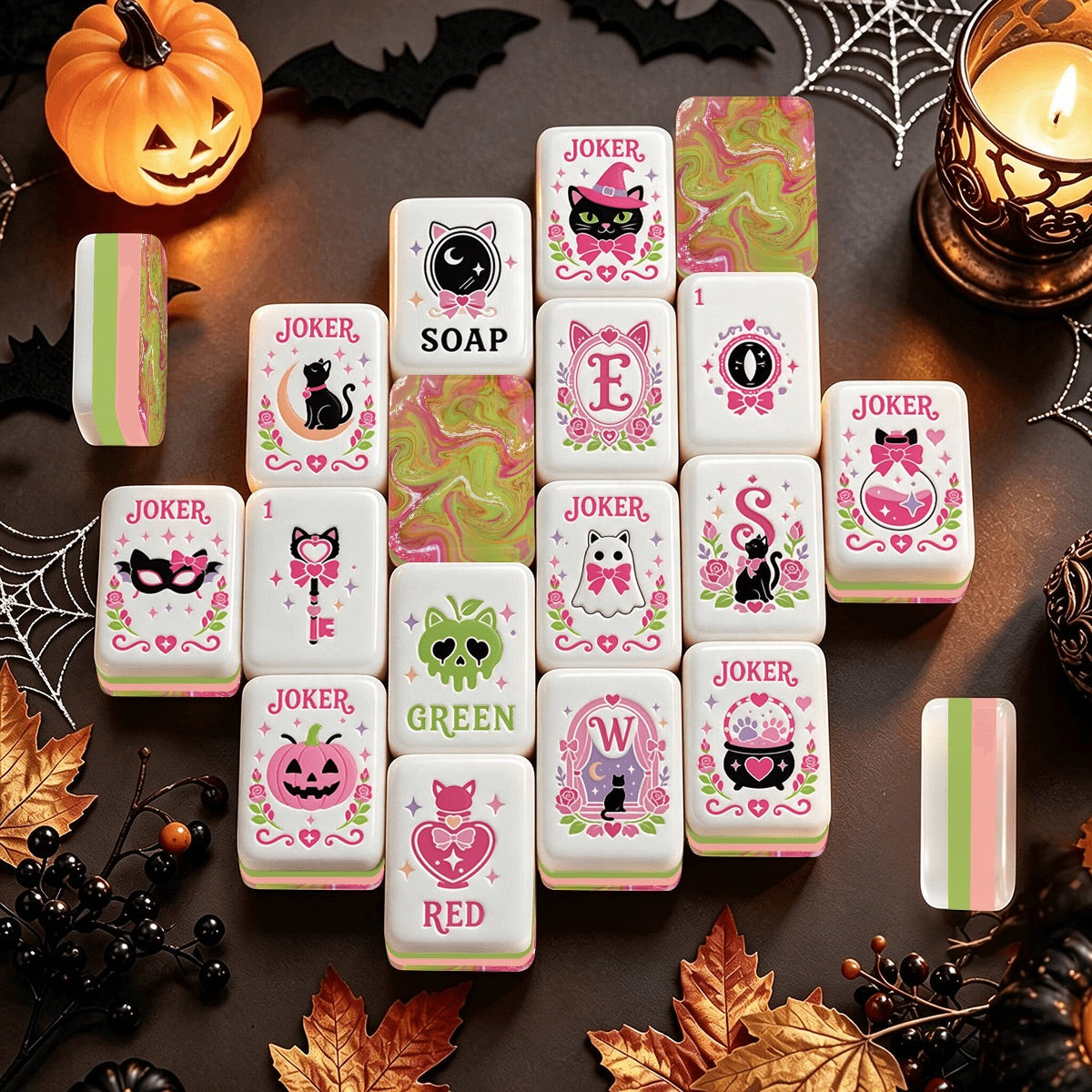Witch's Familiar Halloween Mahjong Tiles Pink & Green abstract