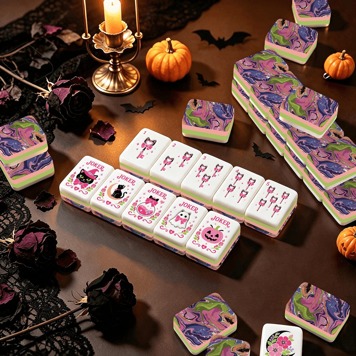 Witch's Familiar Pink & Purple abstract Halloween Mahjong Tiles