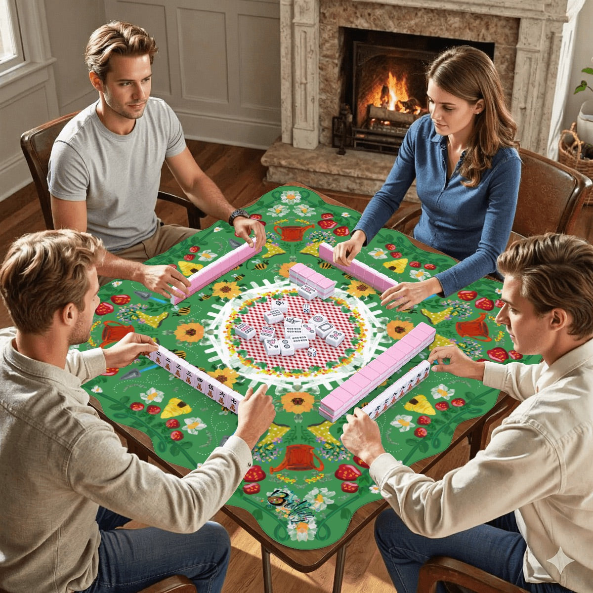 Strawberry Summer Season on Green - Scalloped Mahjong Mat 31.5"x31.5" (Ship Rolled up)