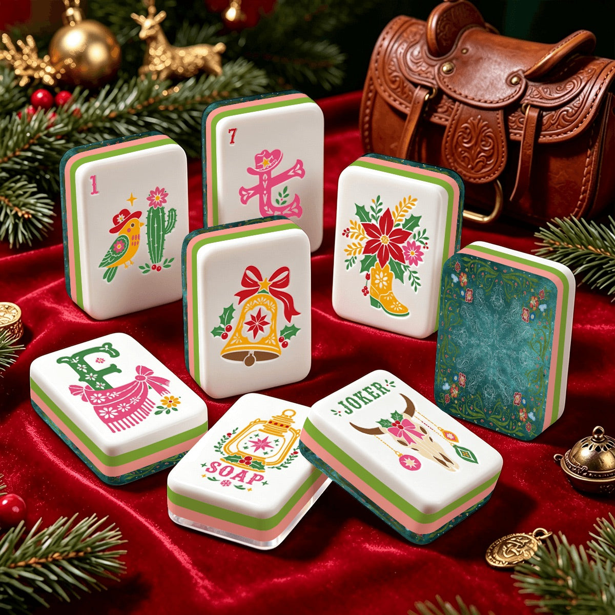 Western Christmas Mahjong Tiles Teal Boots