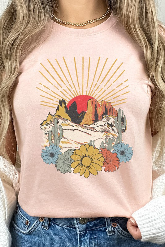 Desert Sunset Arches Floral Cacti Boho Graphic Tee