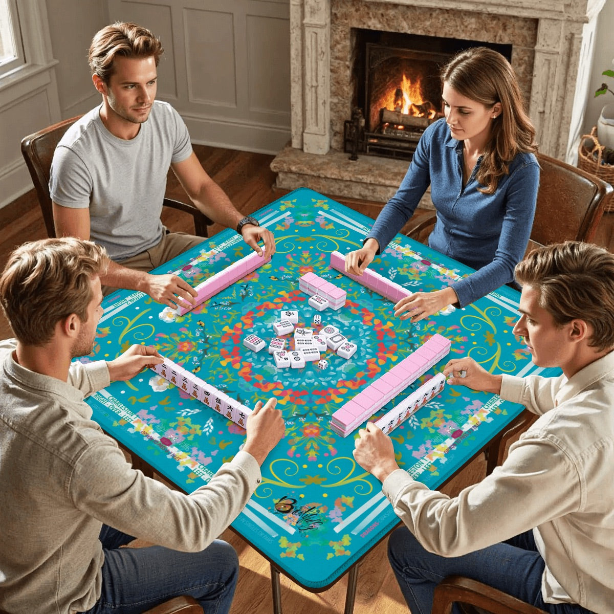 Mahjong Mat (Made in USA) Spring on Turquoise w instructions