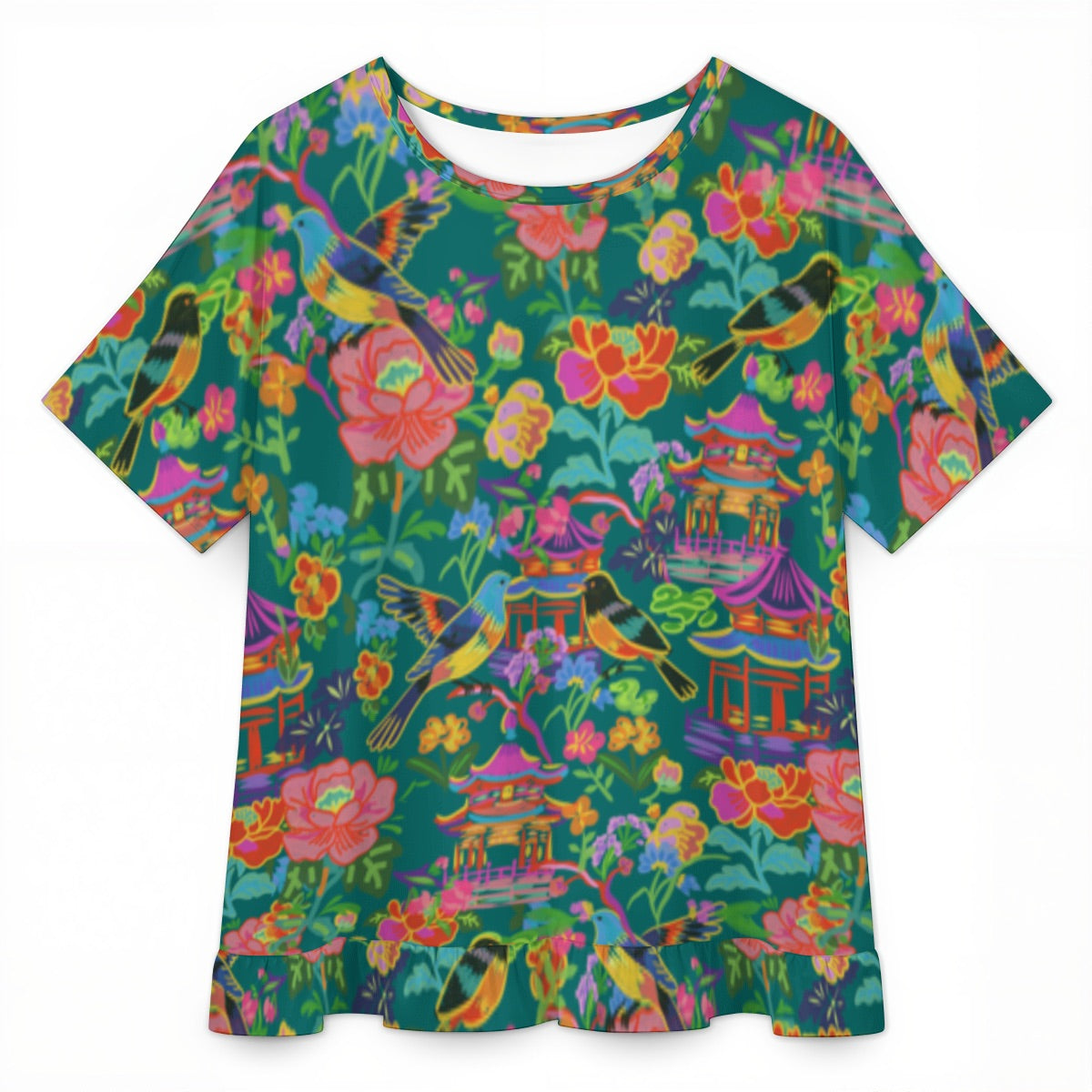 Women's Ruffle Hem Short Sleeve Tshirt Poppin pagodas dark green
