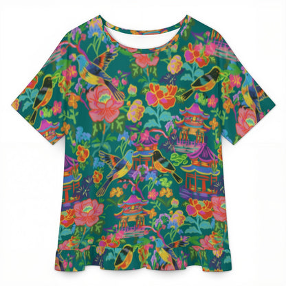 Women's Ruffle Hem Short Sleeve Tshirt Poppin pagodas dark green