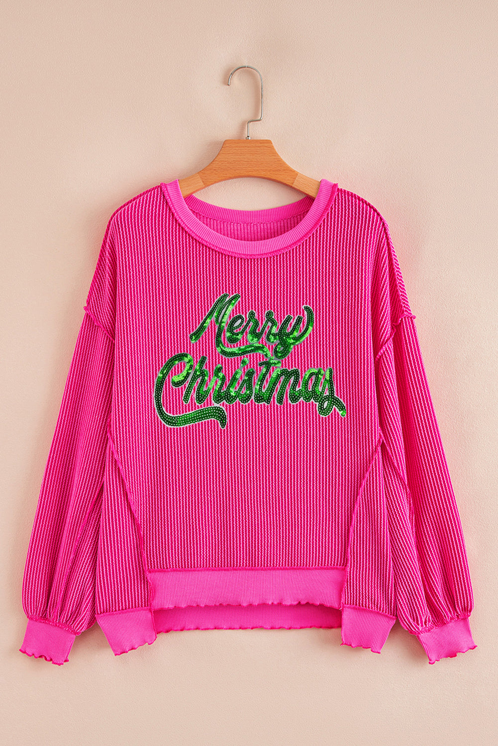 Strawberry Pink Twisted Ribbed Texture Merry Christmas Sequins Patch Top