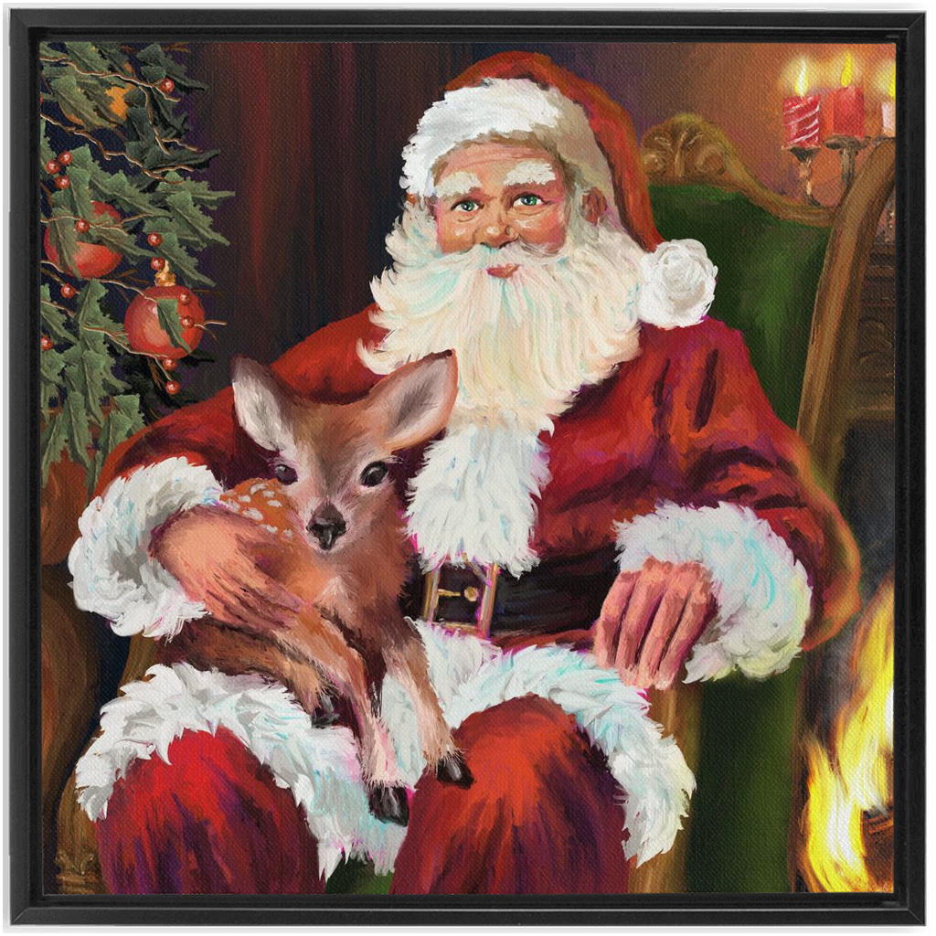 Magical Santa with baby deer Framed Canvas Wraps-powered by Artivive