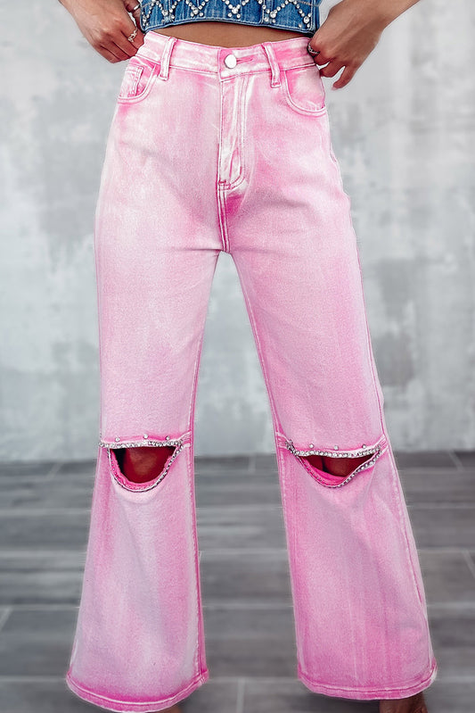 Pink Washed Rhinestone Cutout High Waist Wide Leg Jeans