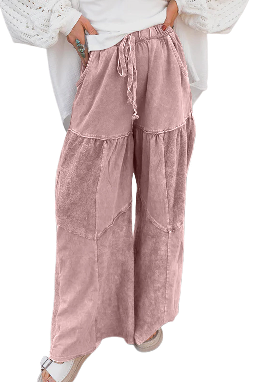 Vineyard Green Mineral Wash Tiered Wide Leg Patchwork Drawstring Pants