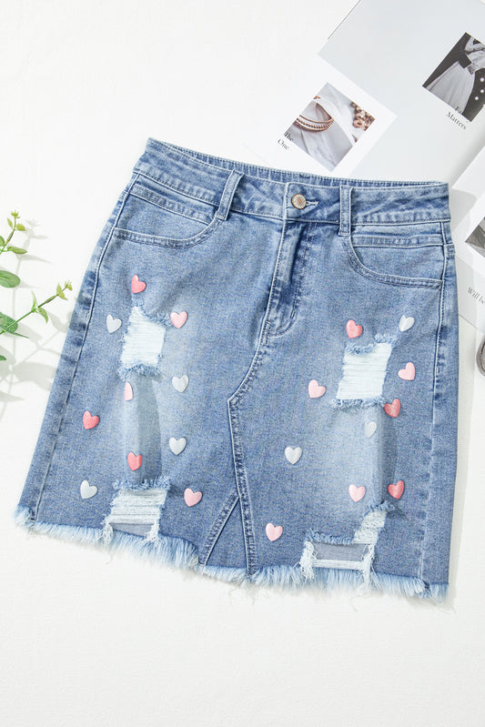 Beau Blue Shimmer Heart Pattern Distressed Denim Mini Skirt