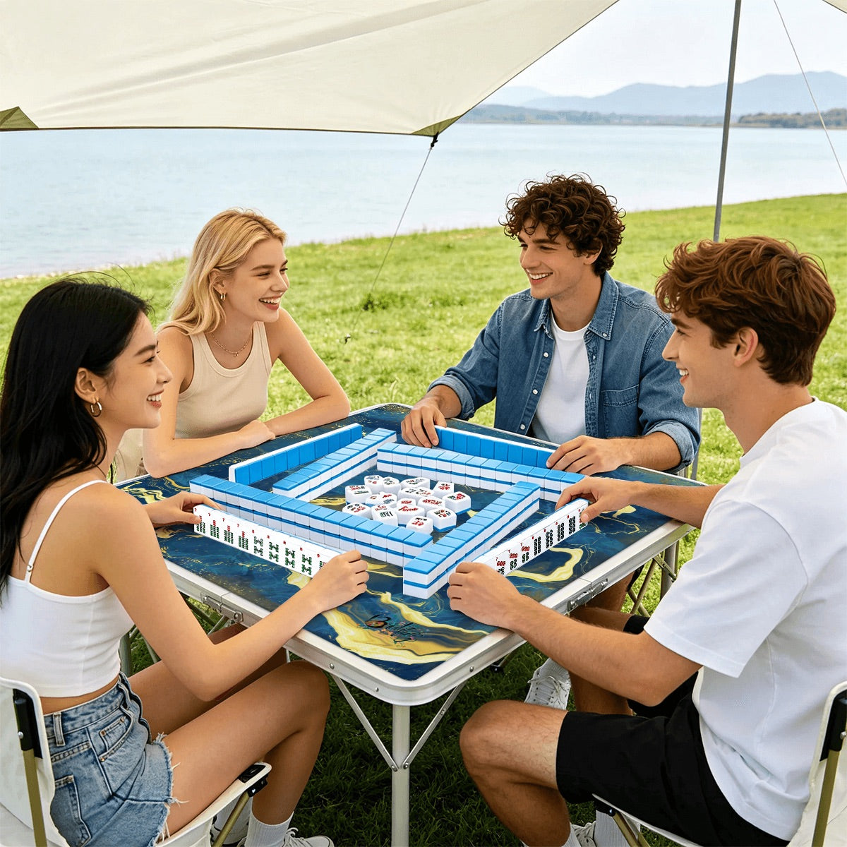 Mahjong Mat SleekSurface Geode series  blue gold vein