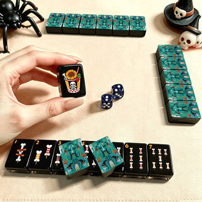 Teal Halloween Skull Diner Halloween Mahjong Tiles layered tiles