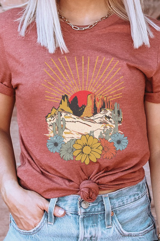 Desert Sunset Arches Floral Cacti Boho Graphic Tee