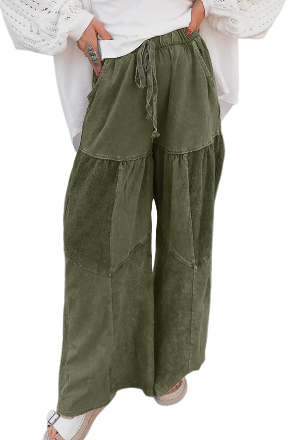 Vineyard Green Mineral Wash Tiered Wide Leg Patchwork Drawstring Pants