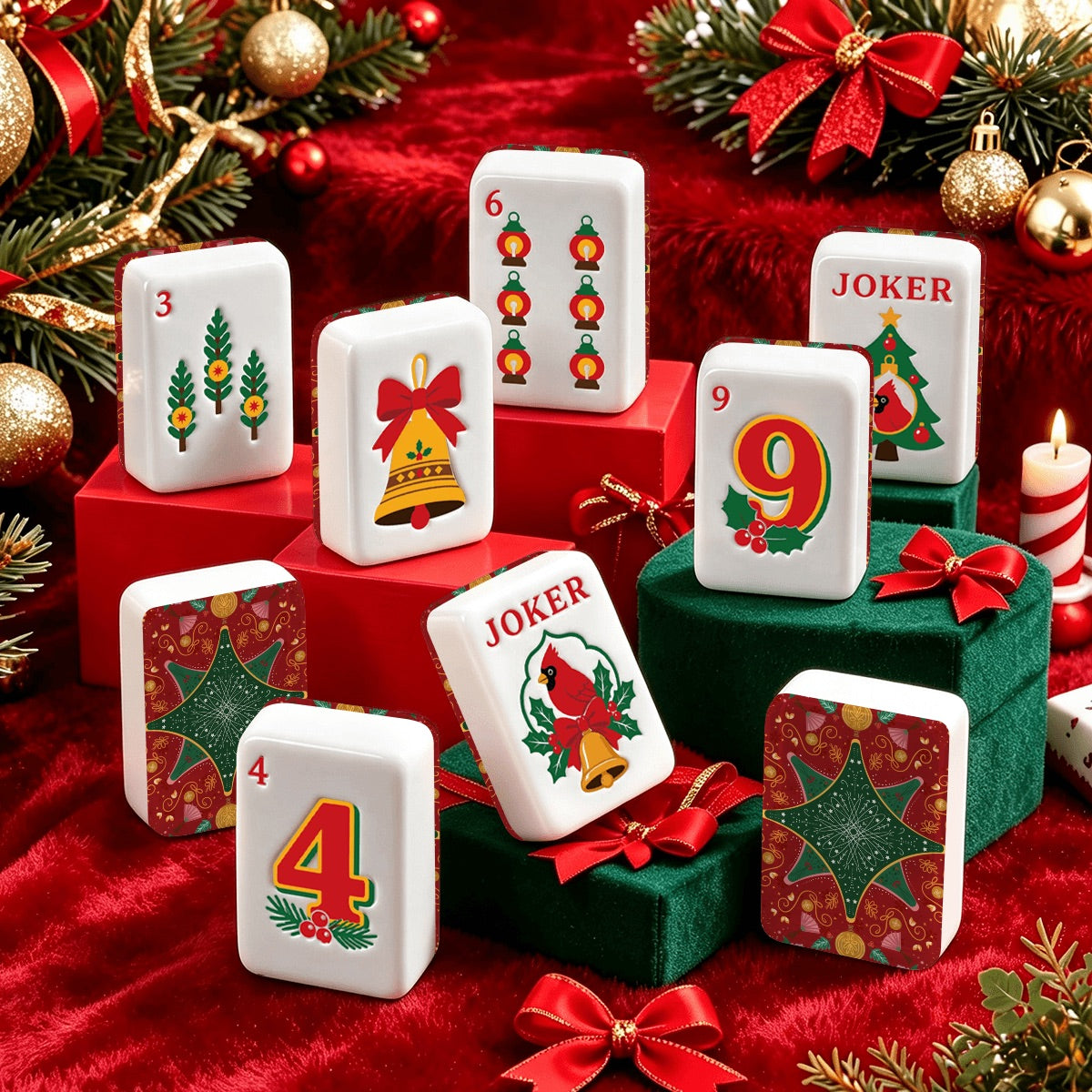 Christmas Cardinal American Mahjong Tiles Traditional Ted and Green