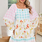 Pink Boho Floral and Plaid Patchwork Ricrac Lantern Sleeve Dress