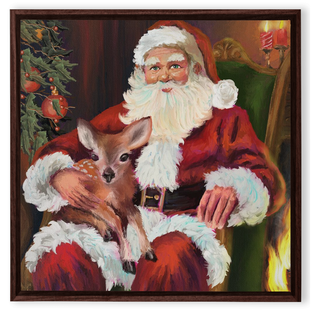 Magical Santa with baby deer Framed Canvas Wraps-powered by Artivive