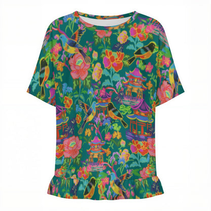 Women's Ruffle Hem Short Sleeve Tshirt Poppin pagodas dark green