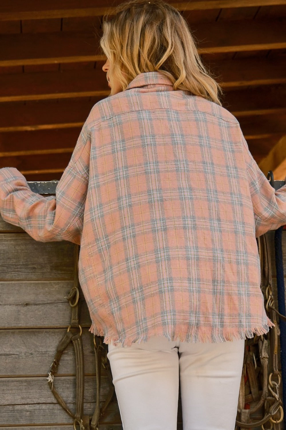 And The Why Full Size Plaid Button Up Raw Hem Shirt